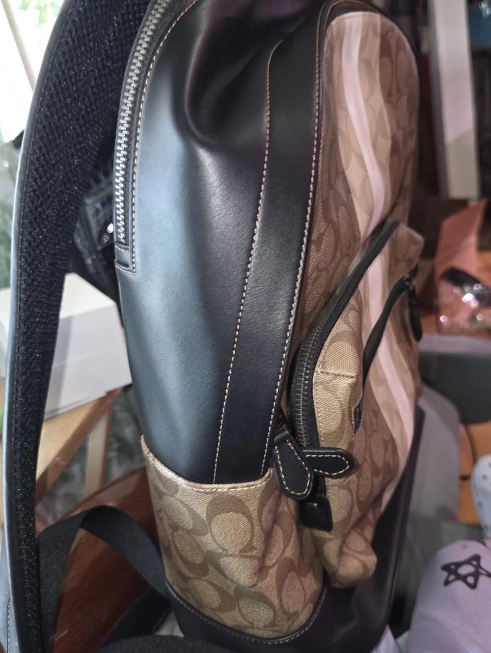 Coach Brown Signature Canvas Backpack with White Center Stripe